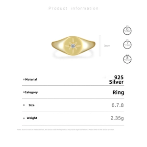 Detailed size chart for S925 silver star ring featuring 9mm round face and white stone