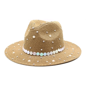 British style straw sun hat with pearls and sequins for outdoor beach summer vacation