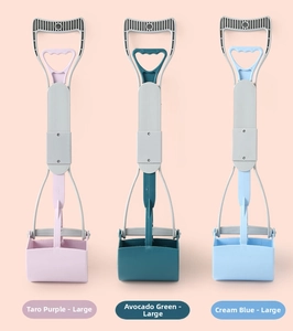 Three large long-handle pooper scoopers in taro purple, avocado green, and creamy blue