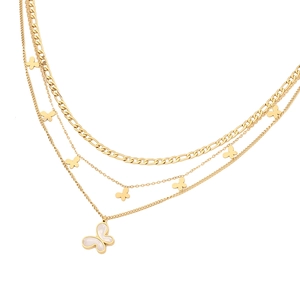 Layered gold stainless steel butterfly necklace with Figaro chain and shell pendant