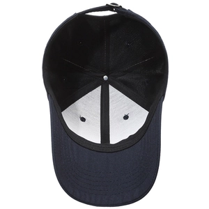 Interior view of navy blue baseball cap showing inner lining and structured front panels