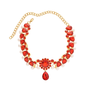Vintage layered choker with red water-drop rhinestones and pearls on gold base