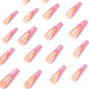 Pink French long coffin press-on nails set with glossy finish and ballet trapezoid shape