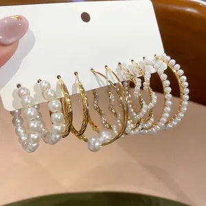Set of 6 gold beaded pearl hoop earrings with French vintage style on display card