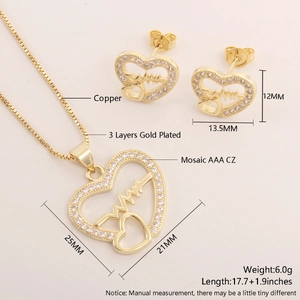 Detailed size specifications for heart-shaped 18k gold plated necklace and earring set