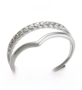 Close-up of double-layer silver-toned ring with twisted texture and wavy V-shape band