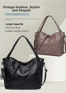Close-up of waterproof faux leather tote featuring woven handles and stylish tassel details