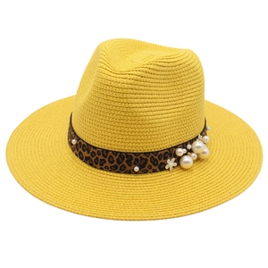 Elegant yellow Panama straw fedora with leopard band and pearl accents for women