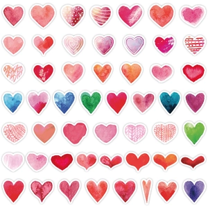 Detailed grid view of diverse watercolor heart stickers for Valentine's laptop decoration