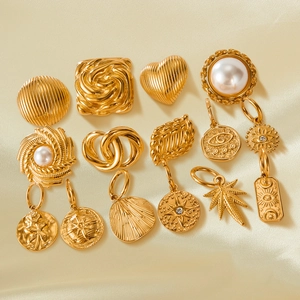 French Luxury Gold Plated Stainless Steel Geometric Stud Earrings Vintage Heart Star Pattern Artificial Pearl Jewelry For Women