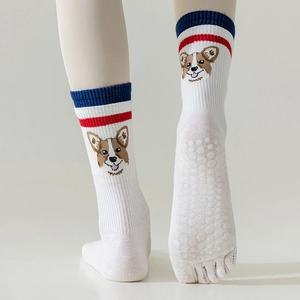 Women Five Toe Yoga Socks Cotton Split Toe Mid Tube Anti Slip Silicone Grip Cartoon Animal Striped Athletic Pilates