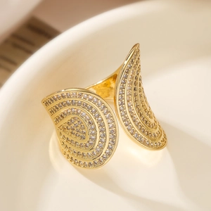 Gold plated irregular geometric open ring with shimmering cubic zirconia micro-pave