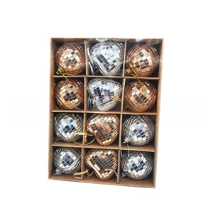 Detailed set of 12 gold and silver disco ball ornaments in heart and round shapes