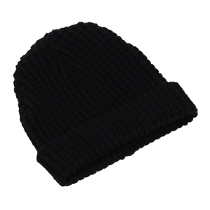 Close-up of black ribbed knit beanie with cuffed design for winter warmth