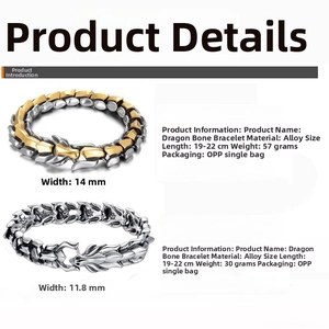 Size specifications for dragon link bracelets in 14mm and 11.8mm width silver alloy