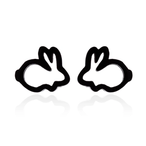 Minimalist black hollow rabbit silhouette stud earrings shown with a reflective finish