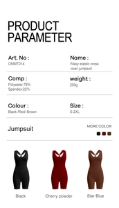 Size chart for cross back V-neck sports jumpsuit in black, brown, and cherry red