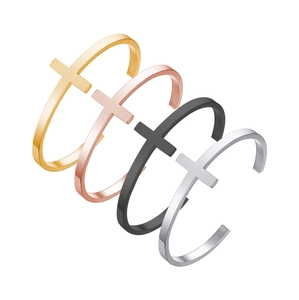 Minimalist Cross Cuff Bracelet Stainless Steel Polished Open C Shaped Religious Fashion Jewelry For Women Men