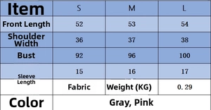 Size chart for short sleeve layered knit top showing S, M, L measurements in centimeters