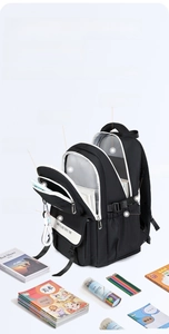 Macro view of a black multi-compartment backpack with durable fabric and organized pockets