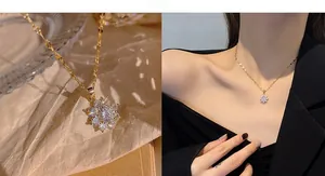 Close-up and model view of a gold snowflake petal pendant with sparkling crystals