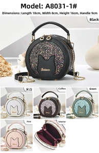 Detailed view of cat-ear sequin crossbody bag with chain strap and plush charm