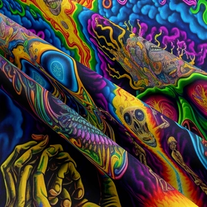 Detailed view of the soft textile texture featuring a psychedelic neon skull pattern