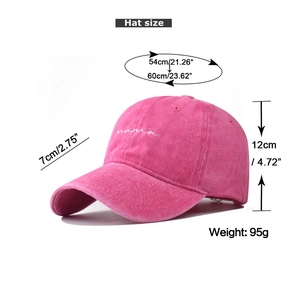 Pink washed baseball cap detail showing mama embroidery and sizing specifications