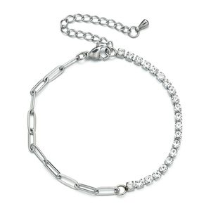 Close-up of paperclip chain bracelet with lobster clasp and cubic zirconia setting