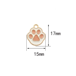 Detailed dimensions of pink and white animal paw charm with gold edges showing 17mm x 15mm