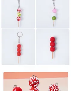 Miniature realistic food keychains with red sugar-coated haws and colorful dango charms