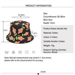 Unisex cotton bucket hat size chart with dimensions and cartoon print features