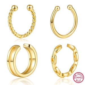 Set of four 925 sterling silver gold-plated twisted and smooth ear cuffs for women