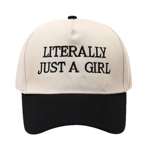 Beige and black contrast baseball cap with Literally Just A Girl text embroidery