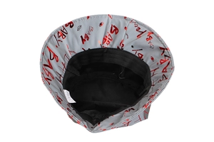 Detailed inner view of grey bucket hat with BABY print and black lining with care label