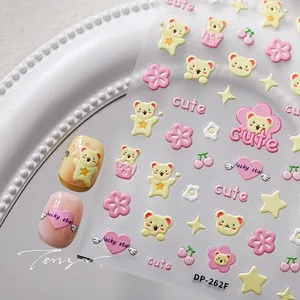 Detailed 5D embossed nail stickers featuring cute cartoon bears and colorful floral patterns