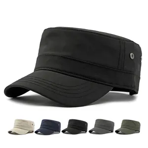 Black classic flat top cadet cap with metal eyelets and five color options displayed