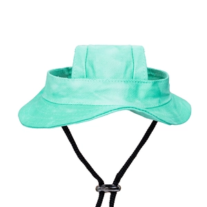 Detail of mint green pet sun hat with adjustable drawstring and ear holes for dogs