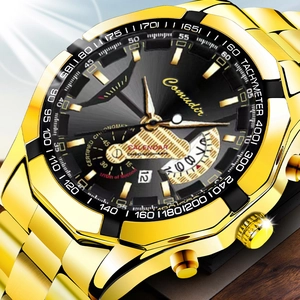 Macro shot of gold stainless steel chronograph watch with black dial and date display