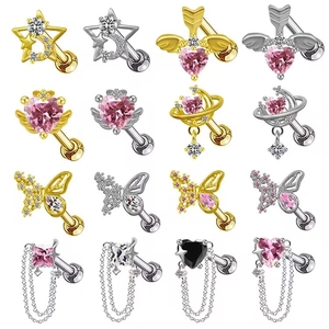 Boucles d'Oreilles de Cartilage en Acier Inoxydable Croix Cœur Zirconia pour Femmes Hommes Punk Chaîne à Pampilles Bijoux de Piercing