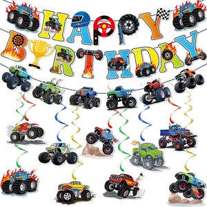 Monster Truck Birthday Party Decorations Banner Hanging Swirls Honeycomb Centerpiece Off-road Racing Theme Kids Celebration Cardboard