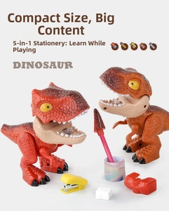 Detail view of 5-in-1 dinosaur stationery set with stapler, ruler, eraser and sharpener