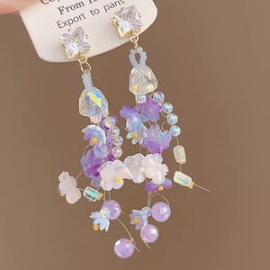 Elegant purple resin flower tassel earrings with zircons and pearls for women