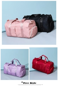 Detailed view of large gym bags in four colors showing side shoe compartments and dual handles