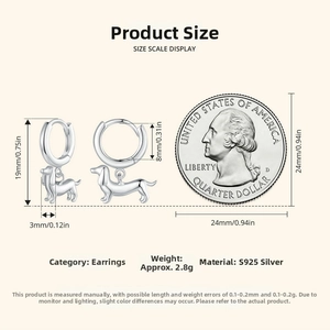 Size chart showing 925 sterling silver dachshund dog hoop earrings dimensions in mm and inches