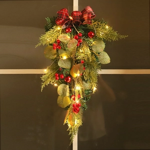 Christmas Hanging Swag Upside Down Tree With Eucalyptus Red Berries Plaid Bow And LED Light Home Door Wall Decoration