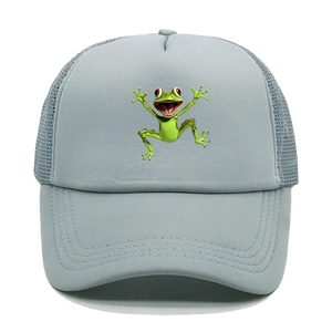 Detail of light blue mesh trucker hat with green cartoon frog print and reinforced stitching