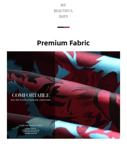 Detail of premium floral jacquard fabric with red and navy texture for slim dresses