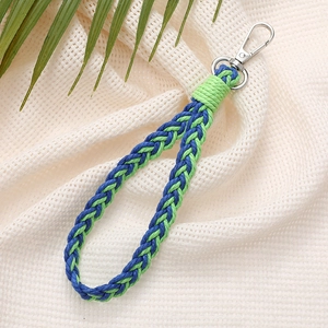 Detail of blue and green braided cotton keychain with a sturdy metal clasp closure