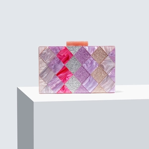 Luxury geometric patchwork acrylic evening clutch with pink marble and glitter accents